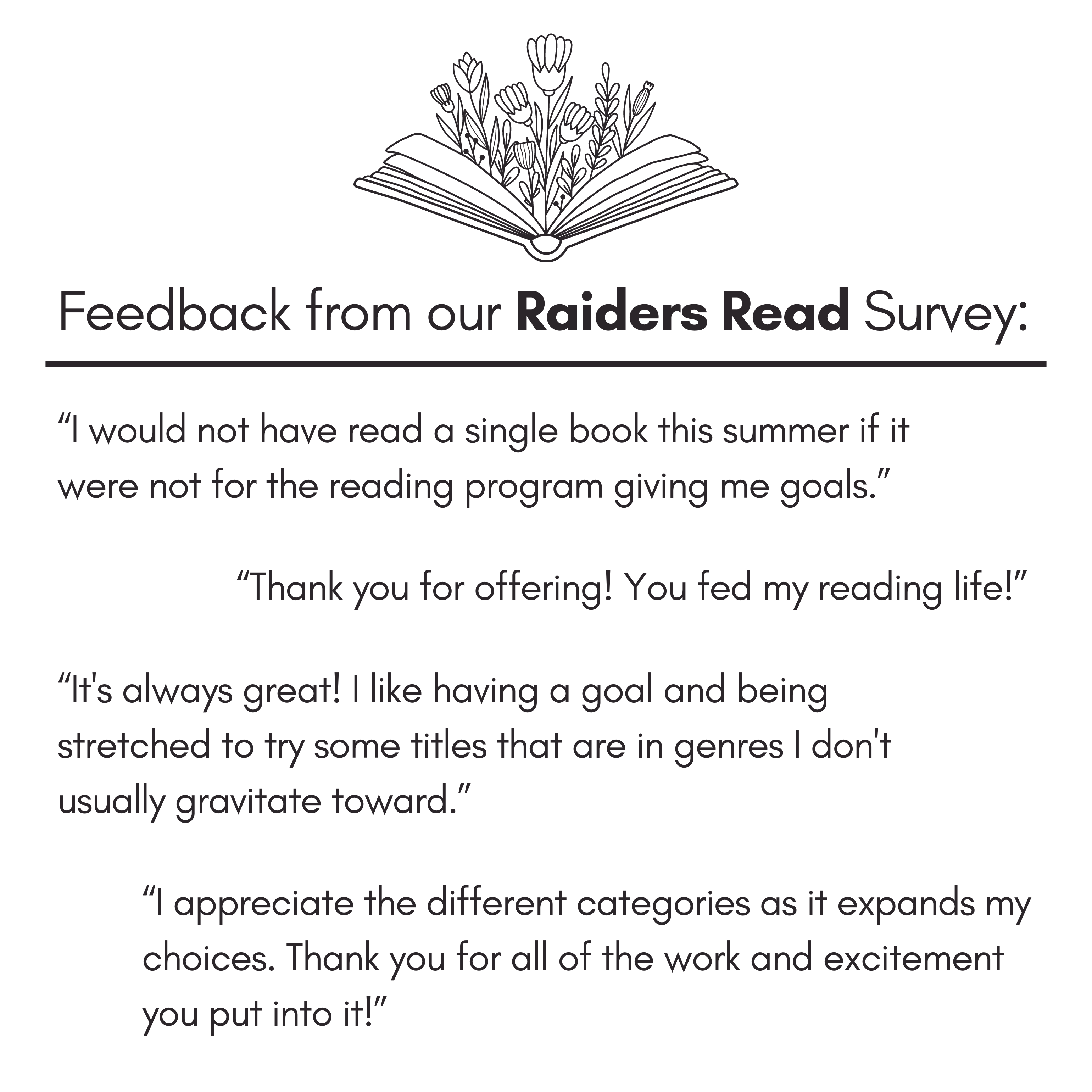 Feedback from our Raiders Read Survey: “I would not have read a single book this summer if it were not for the reading program giving me goals.”; “Thank you for offering! You fed my reading life!”; “It's always great! I like having a goal and being stretched to try some titles that are in genres I don't usually gravitate toward.”; “I appreciate the different categories as it expands my choices. Thank you for all of the work and excitement you put into it!”.