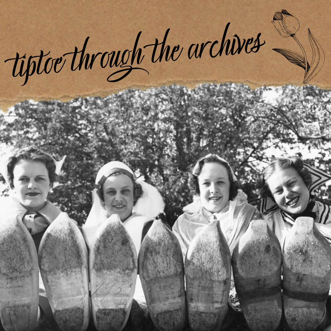 The first Tulip Court from the 1937 Festival showing their wooden shoes.