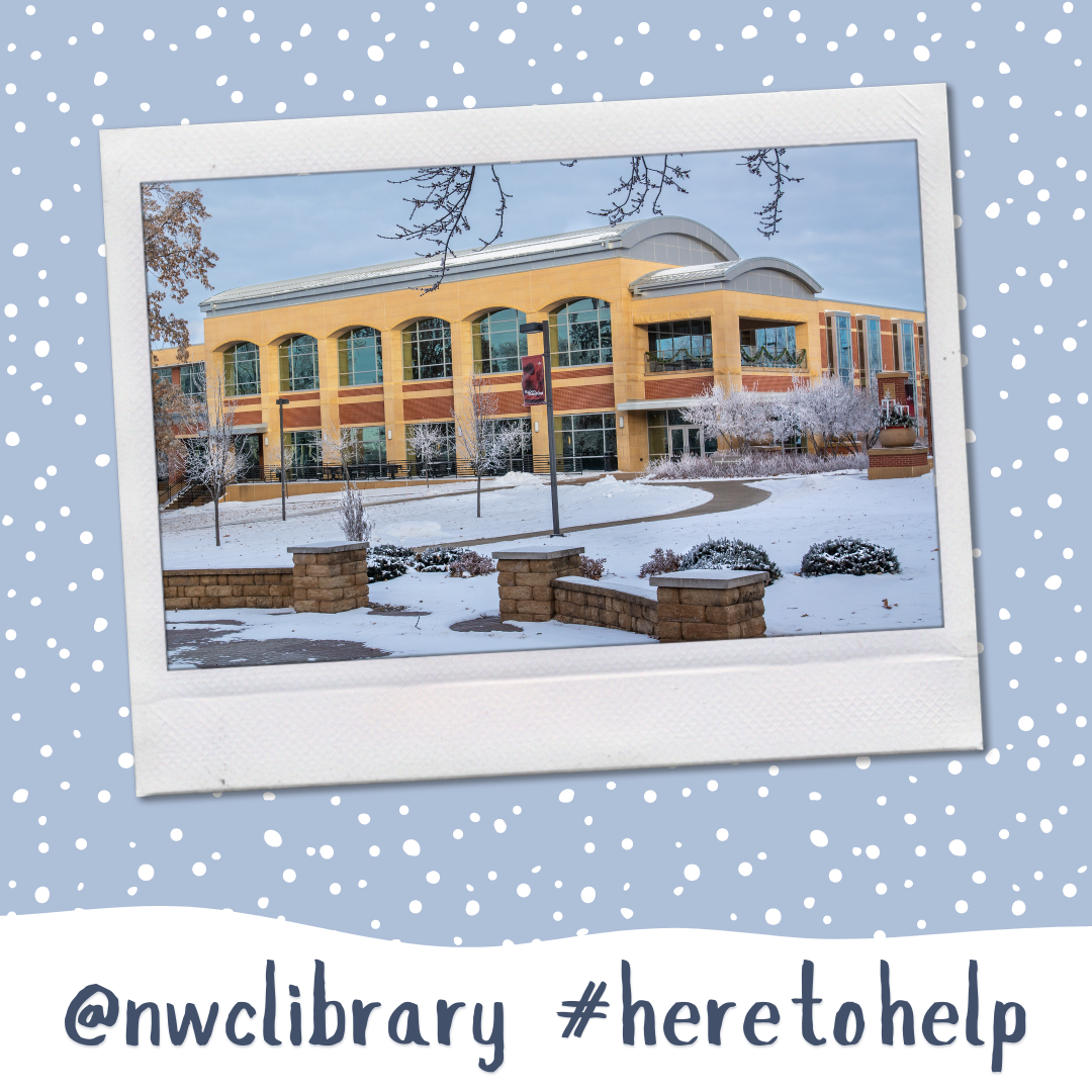 Photograph of the DeWitt Learning Commons with the tag @nwclibrary and the hash tag here to help