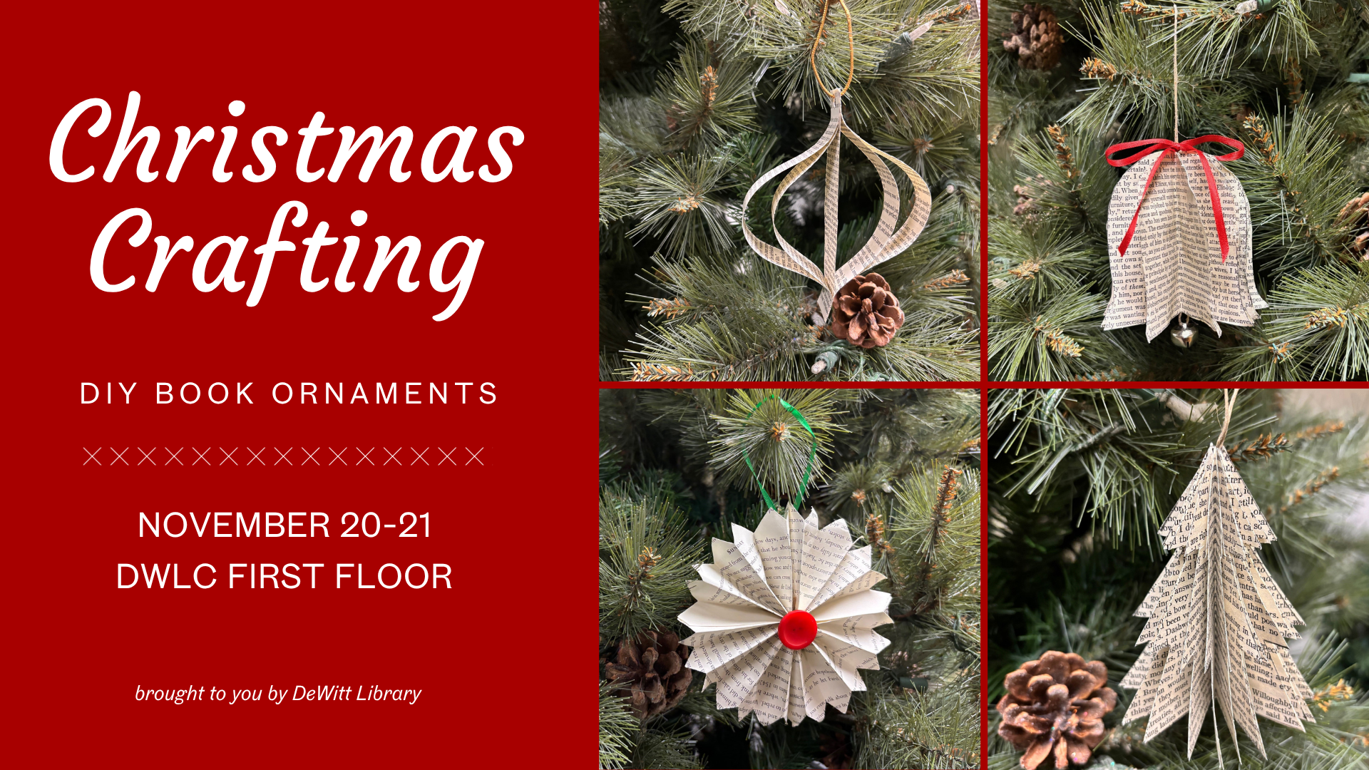 Join us to create DIY ornaments from old books! The crafting station will be open Thursday, November 20 and Friday, November 21.