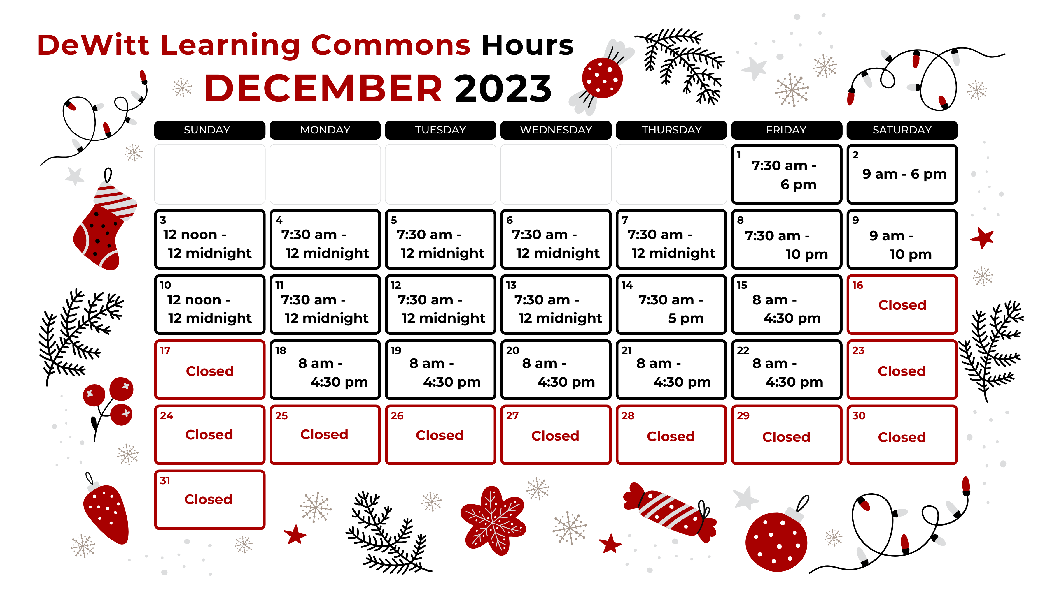 DeWitt Learning Commons Hours - December 2023