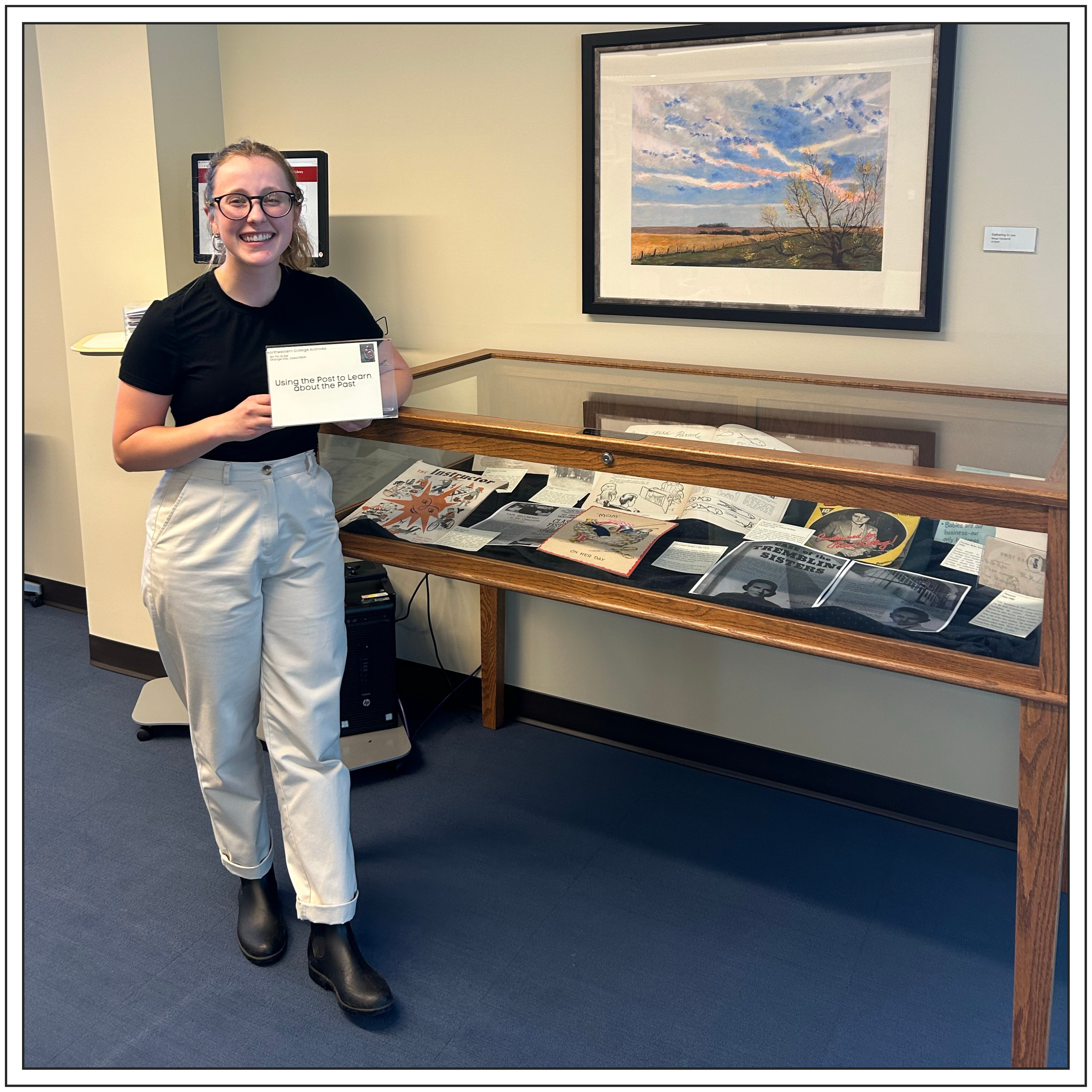 The exhibit features holiday cards, children’s magazines, postcards, and other mail received by two local families during the 1930s-1950s, showing what concerned and interested people at this time. Researched and organized by student Elena Lee. [2nd Floor - east staircase]